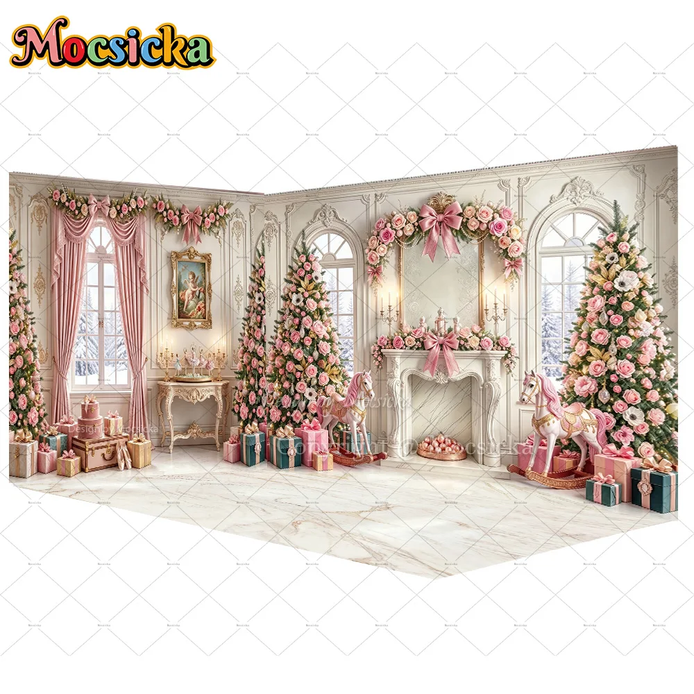 Mocsicka Rosa Weihnachtskarussell-Hintergrund für Fotografie, Blumen-Kamin-Szene, Weihnachtsbaum-Hintergrund, Mädchen-Feiertags-Geburtstagsfoto