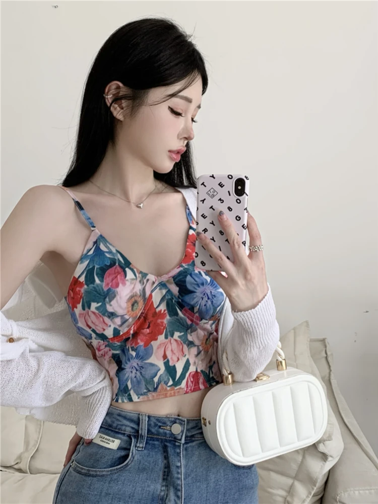 Vintage Fashion Floral Print Camisole Women Summer New Casual Slim Sleeveless Crop Tops Female