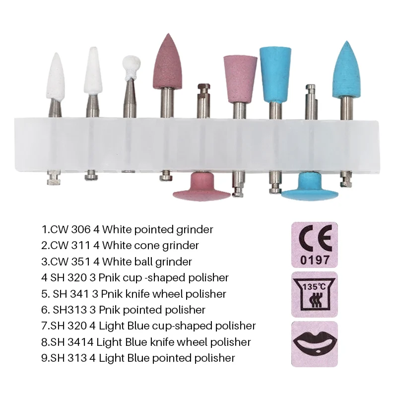 9Pcs Dental Composite Polishing Kit Rubber Silicon Carbide Grinding Points White Stone Drill Burs for Shaping Polishing