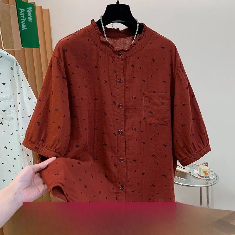 

Casual Style Women's Cotton Shirt Short Sleeve Collar Double Layer Breathable Summer Fashion Top Knot Print