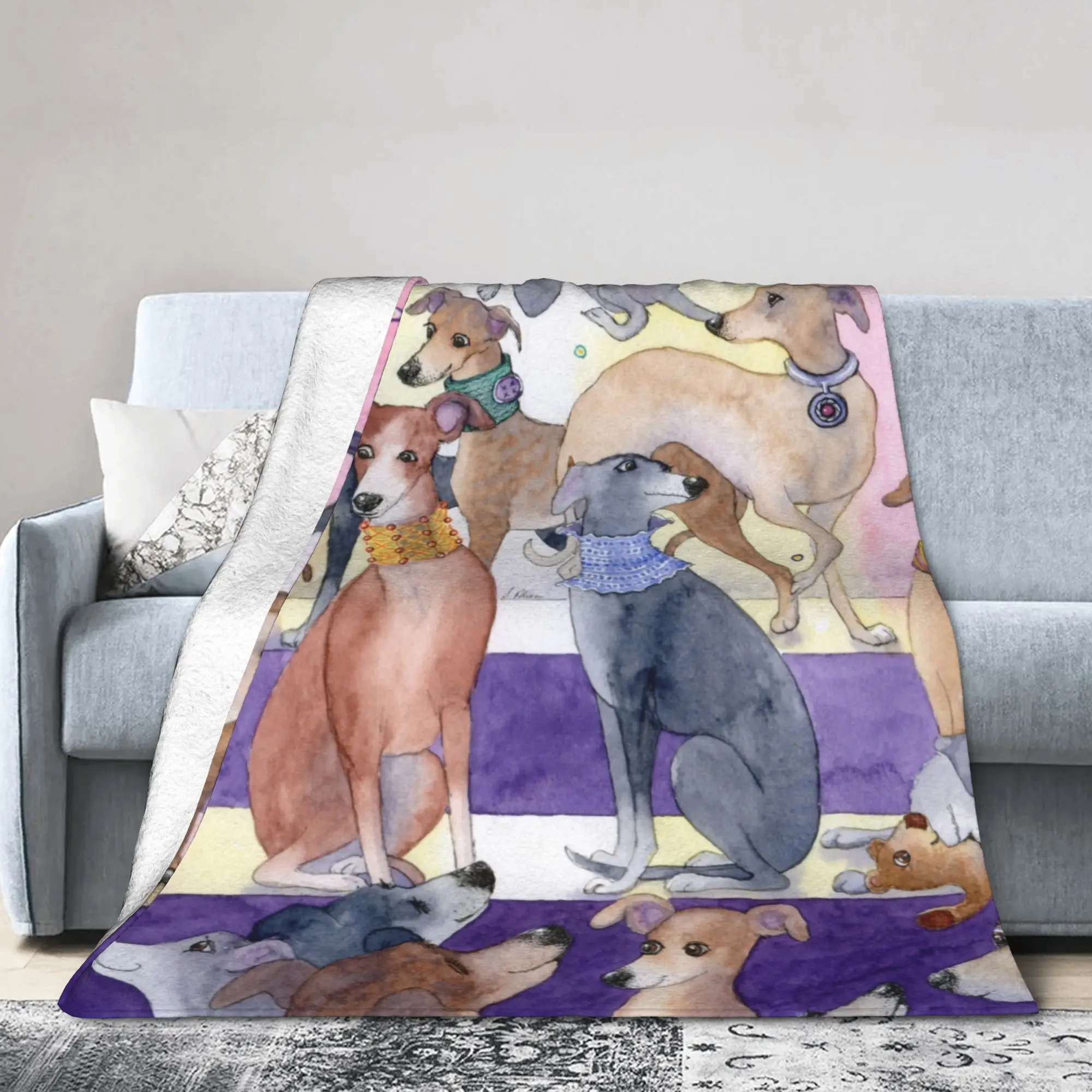 Custom 3D Print Whippets and Greyhounds Fashion Parade Blankets Comfortable Flannel Hound Dog Throw Blanket for Couch Office Bed