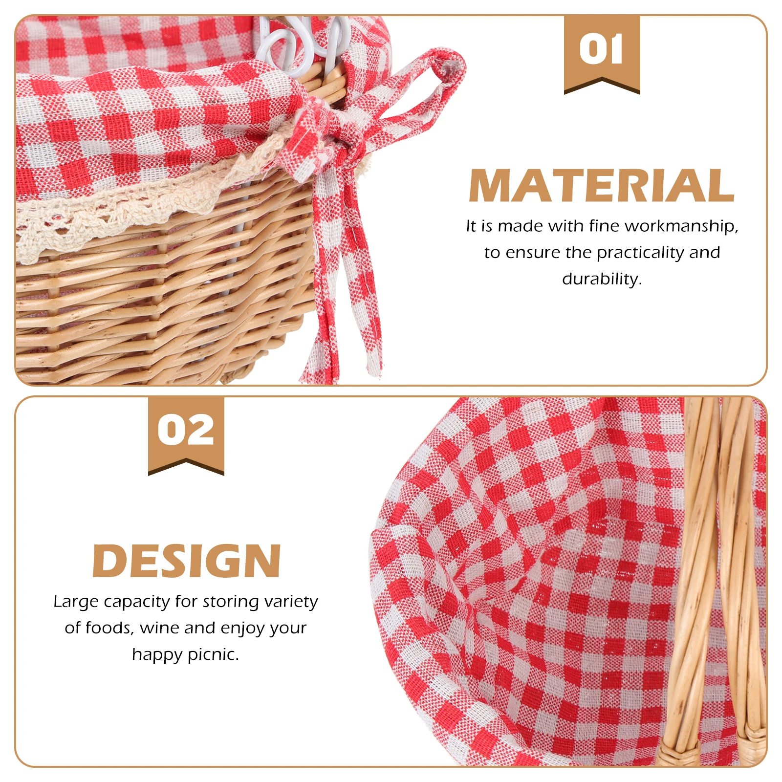 سلة نزهة من الخوص سعة كبيرة سلة تخزين محمولة للتخييم في الهواء الطلق التجمعات العائلية حامل طعام فواكه متعدد الأغراض