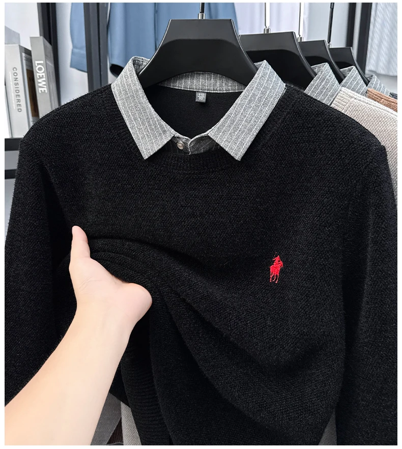

Shirt Collar Fake Two-piece Sweater Men's Thick Winter One-piece Fleece Warm Knit Base Sweater Men's 2025 New Style