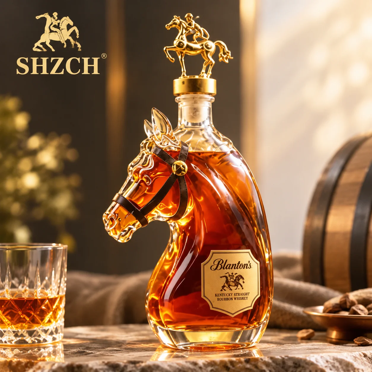 Elegant Horse Head Crystal Whiskey Decanter with Bronze Rider Stopper for Bourbon And Spirits Storage