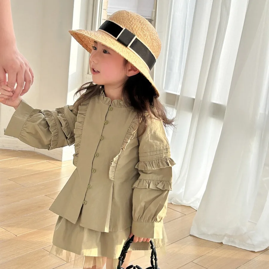 2024, children's new retro palace style shirt suit girl's small stand-up collar lace shirt skirt pants two-piece suit.