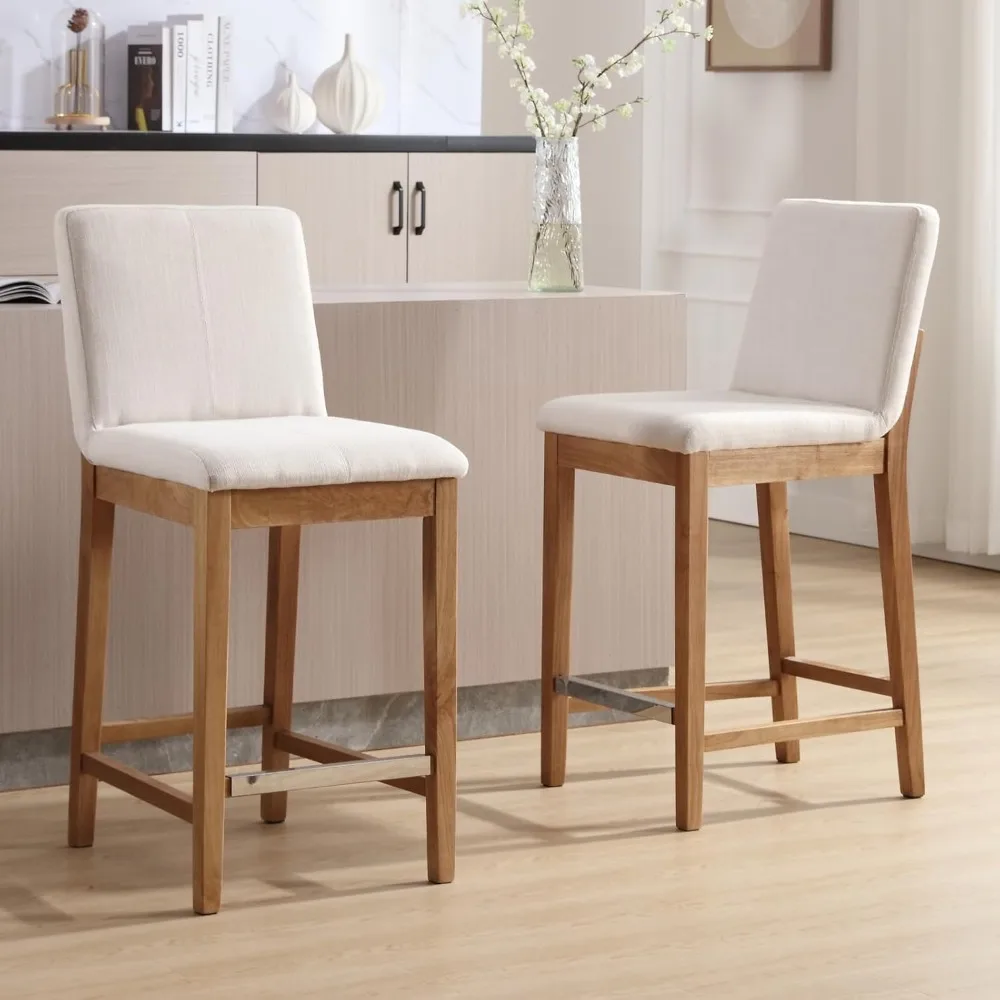 Counter Height Bar Stools Set of 2 Linen Fabric Upholstered Kitchen Island Stools with Back 26 Inch Rectangle Wood Barstool