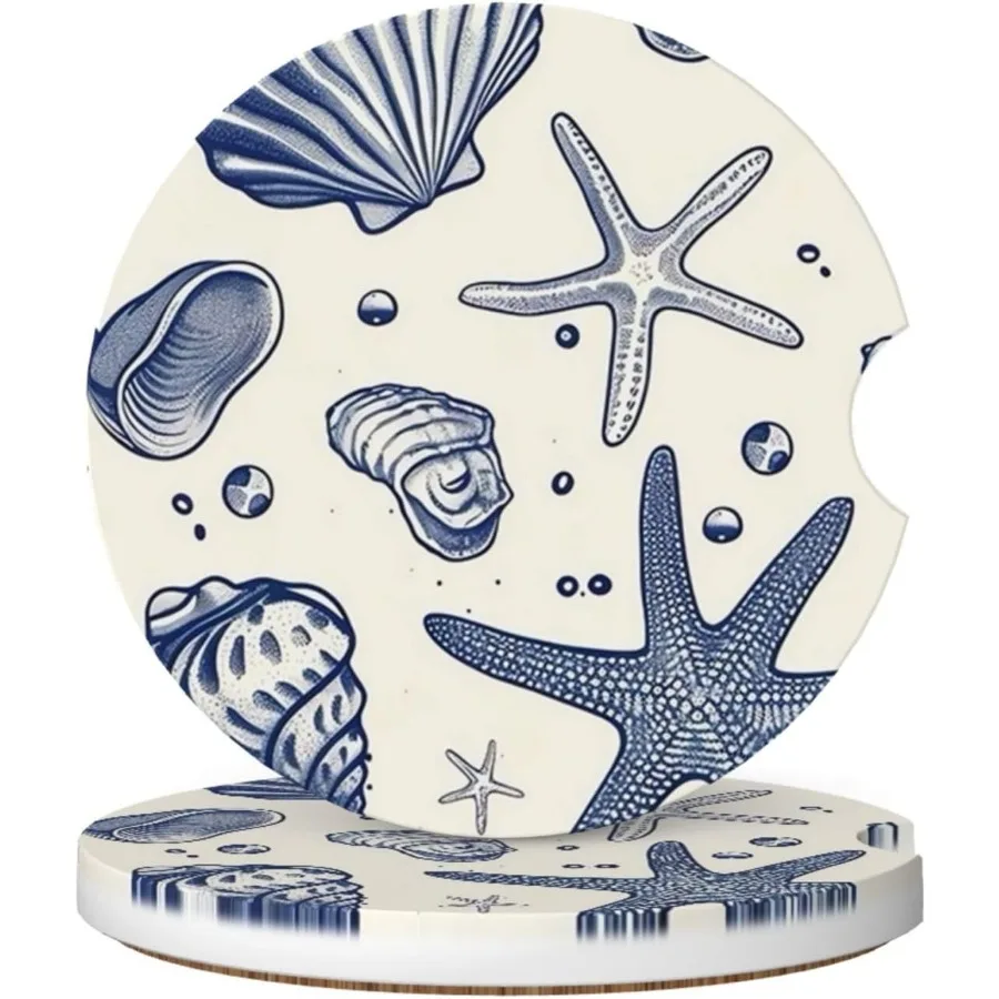 

Absorbent Ceramic Car Coasters for Cup Holders Blue Sea Starfish Shells Design 2.56" Anti Slip versal Drink Cup Coasters for Wo