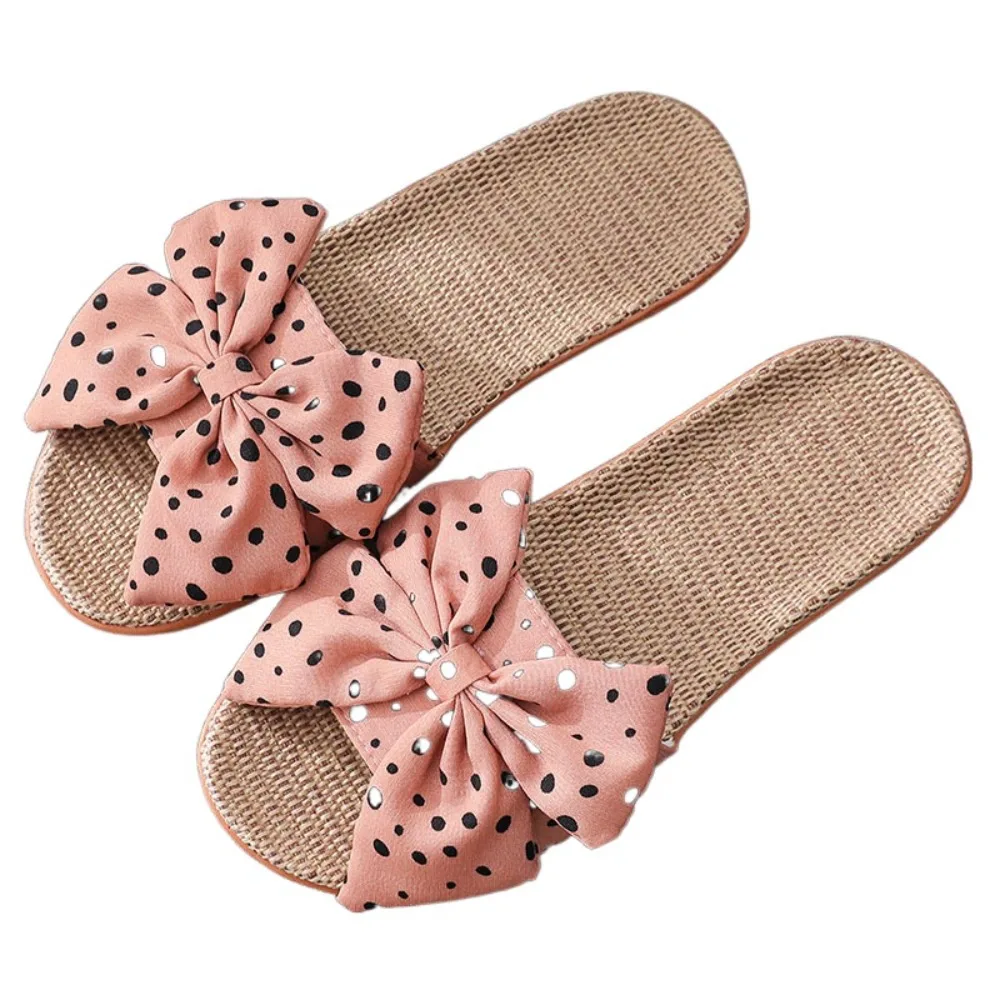 

Мягкие шлепанцы с бантом и точками, нескользящие, в корейском стиле, милые сандалии-слайды из ПВХ, пляжная обувь, льняные тапочки для женщин, летние