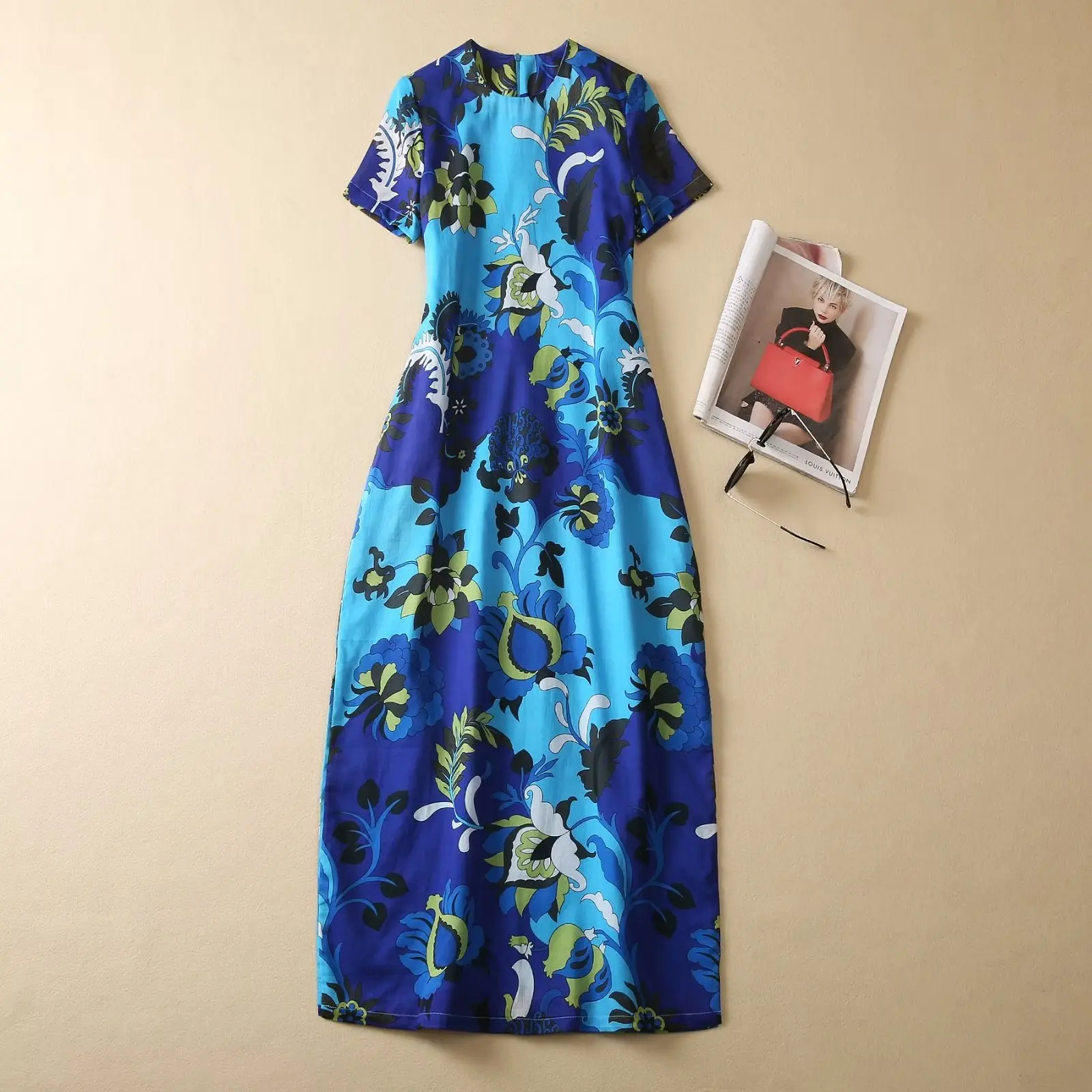 

Summer New Blue round Ne Printed Split Dr Slim Fit Women's Clothing Direct Printing Flower Open Split Cotton Dr