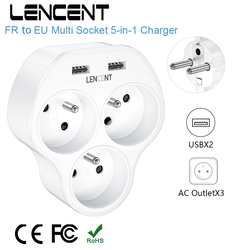 LENCENT FR to EU Multiple Wall Socket Charger with 3 AC Outlets + 2 USB Ports 5 in1 Adapter  Overload Protection for Home/Office