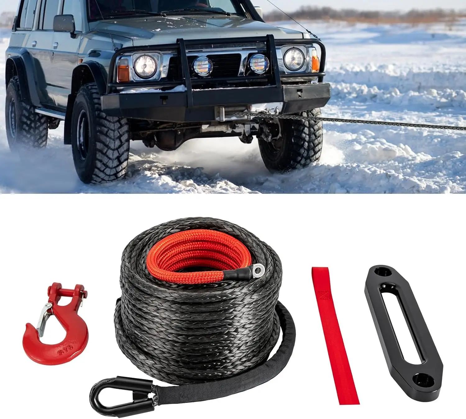 Cuerda Sintética para Cabrestante de 1/2"x92 pies, Cable de Cabrestante Sintético de 23809 LBS con Funda Protectora/Gancho de Acero Inoxidable/Correa de Tracción