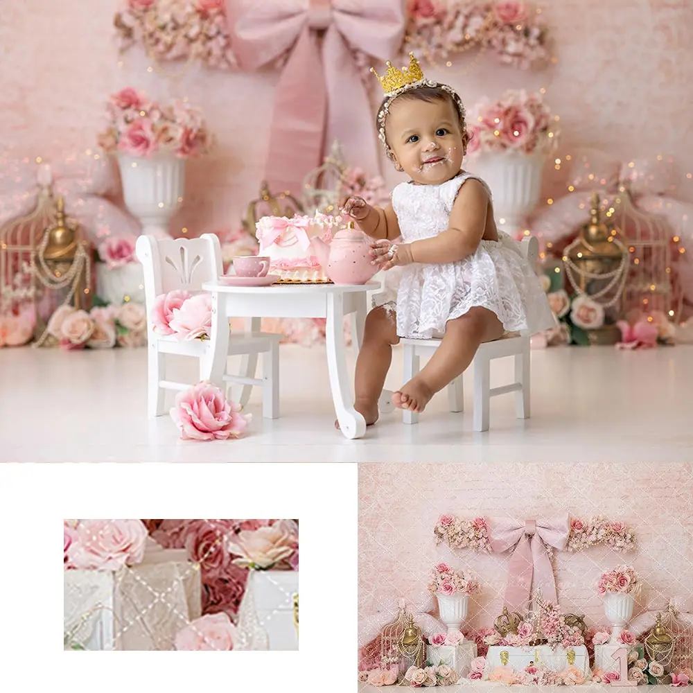 

Pink Flowers and Big Bow Photography Backdrop Kids Baby Cake Smash Photocall Decor Girls 1st Birthday Backgrounds