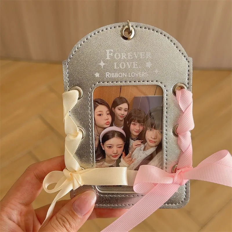 Ballet Ribbon Card Holder Silver Leather 3-Inch Photo Display for K-Pop ID Campus Meal Card