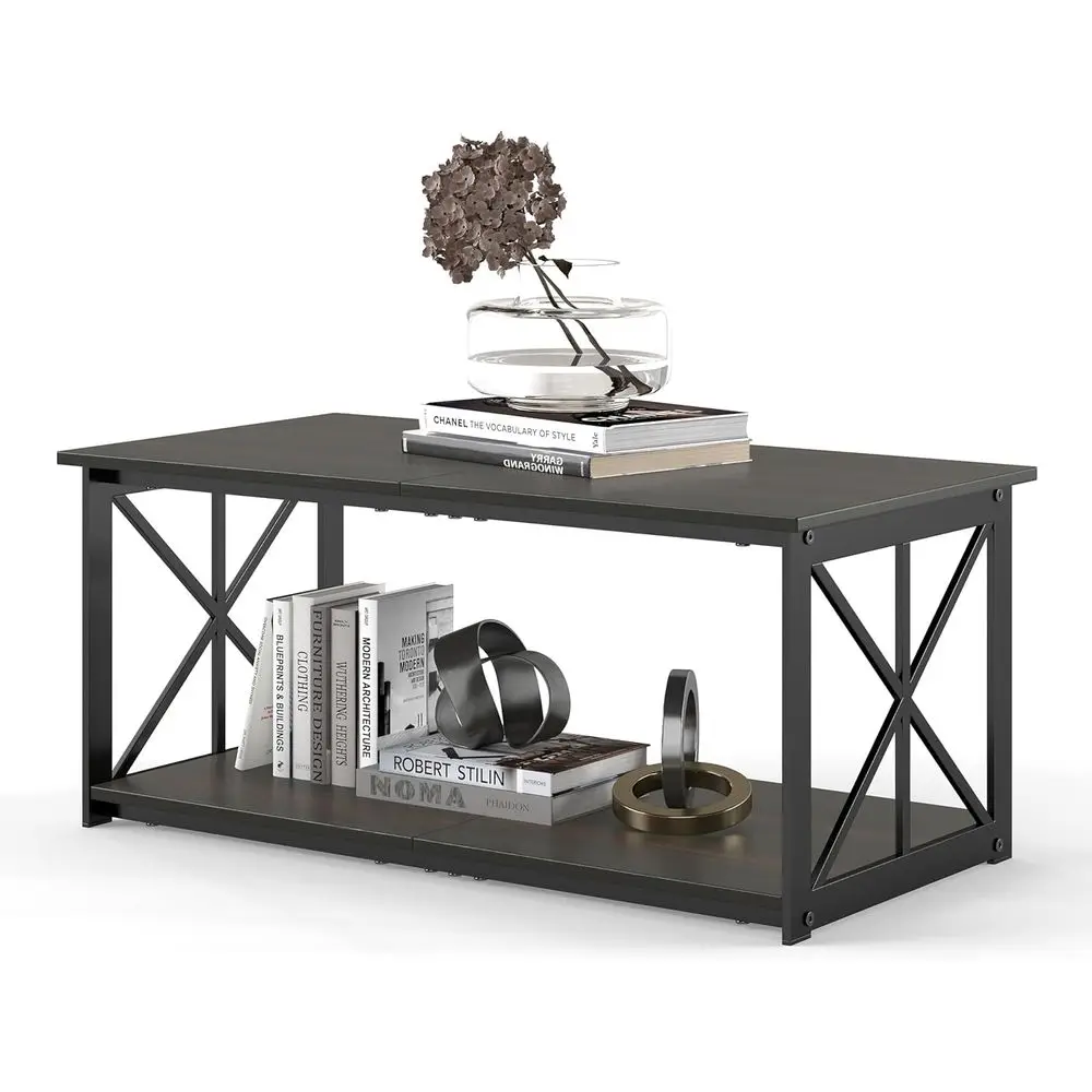 

RecCoee Table or Living Room, Wood Rustic Coee Table with 2 Tier and Metal e, Industrial ern Center Table, k Brown