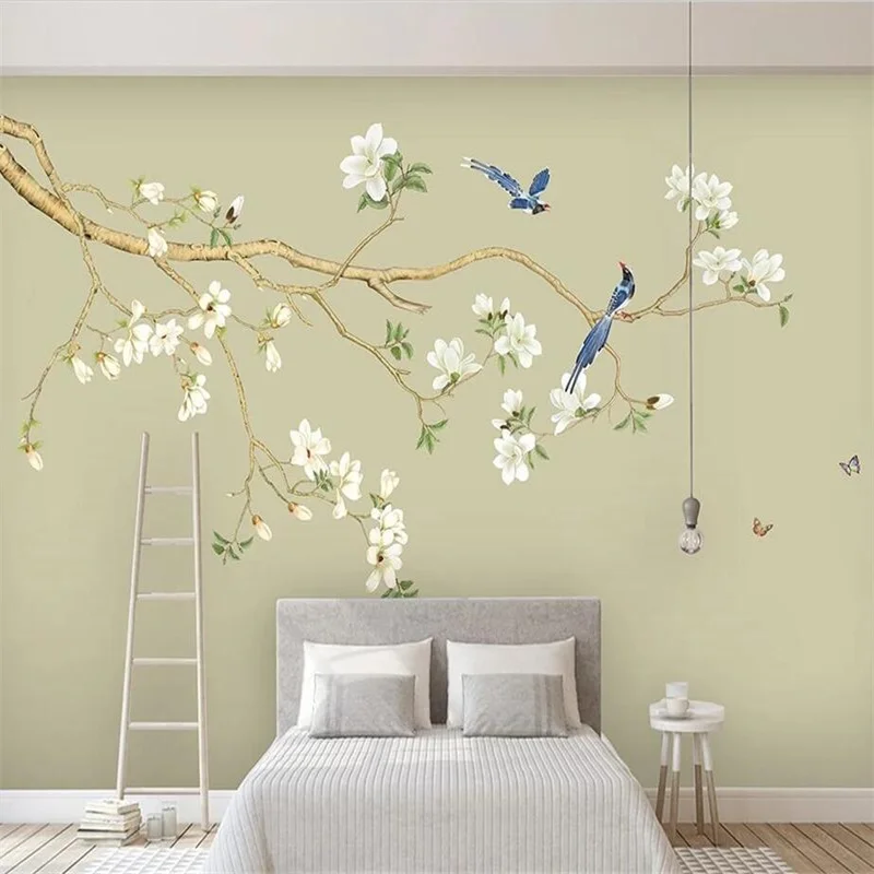 

Customized 3d mural painting magnolia flower background wall hand-painted flowers and birds new Chinese living room wallpapers