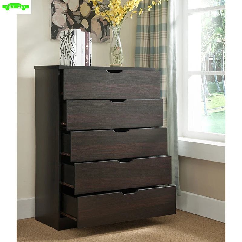 Downloads: 40  Five drawer clothes and storage chest cabinet in red cocoa chocolate faux wood grain and metal glides