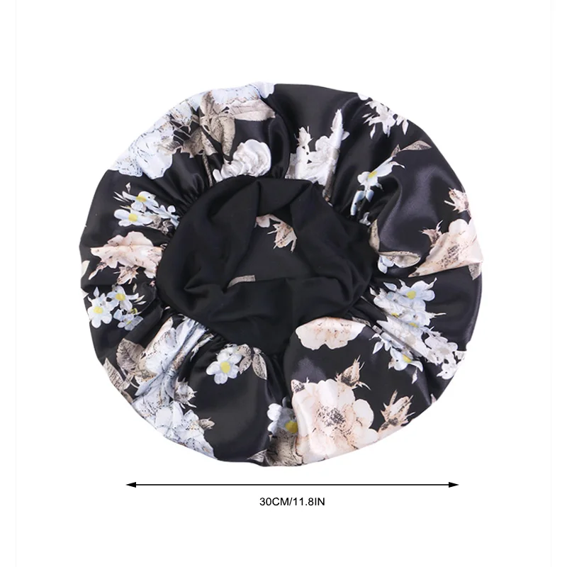 4 TEILE/LOS Satin Breite Krempe Floral Schlummertrunk Motorhaube Haar Wrap Nacht Schlafen Schlaf Kappe Elastische Weiche Band Haarpflege Dusche hut – Detail 1