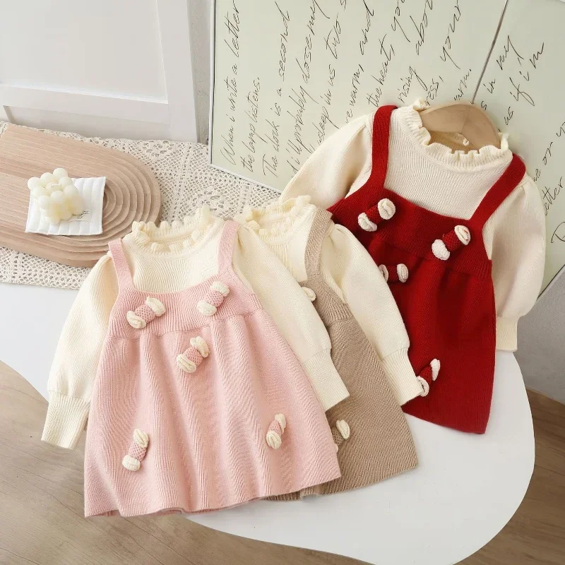 

Autumn Korean Style Girls Knit Dress Whimsical Candy Embellished Warm Sweater Dress Princess Party Outfits