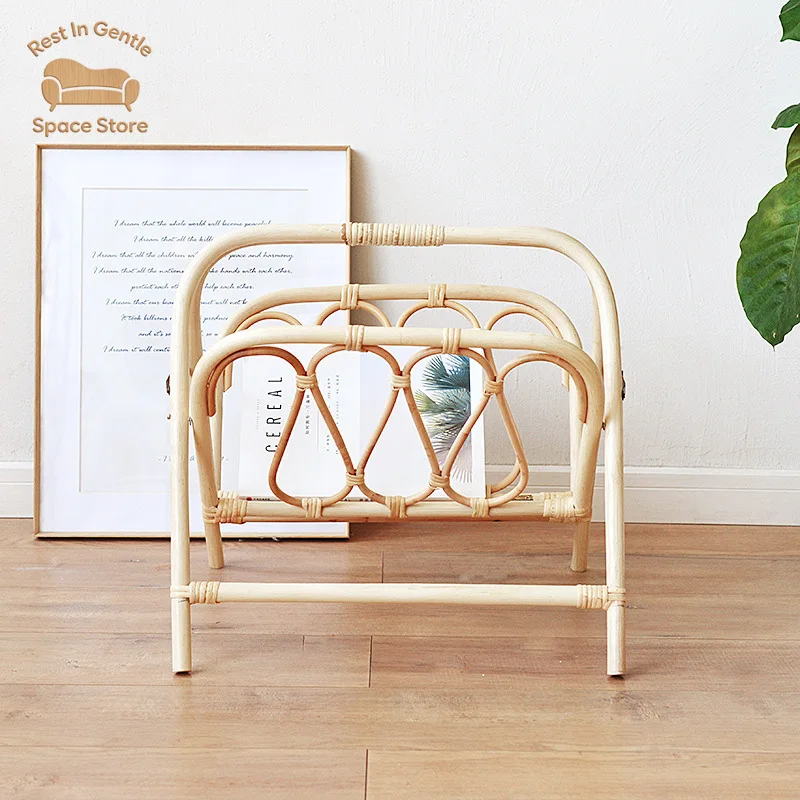 Magazine rack rattan small bookshelf Indonesian real rattan hand-woven folding floor newspaper rack