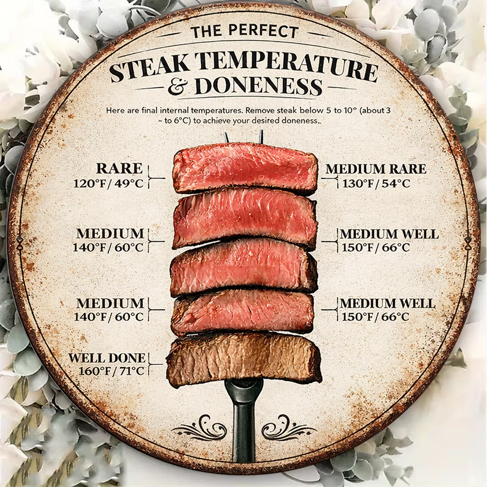 1pc 8*8in/20x20cm 2D flat round metal sign, vintage metal plaque about steak cooking temperature, steak doneness guide decorative sign, suitable for kitchen, restaurant, bar decoration or as a gift