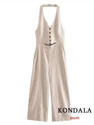 KONDALA Chic Casual Solid Beige Single Button Women Wide Leg Jumpsuit Fashion 2023 Summer Elegant Sleeveless Hollow Out BodySuit