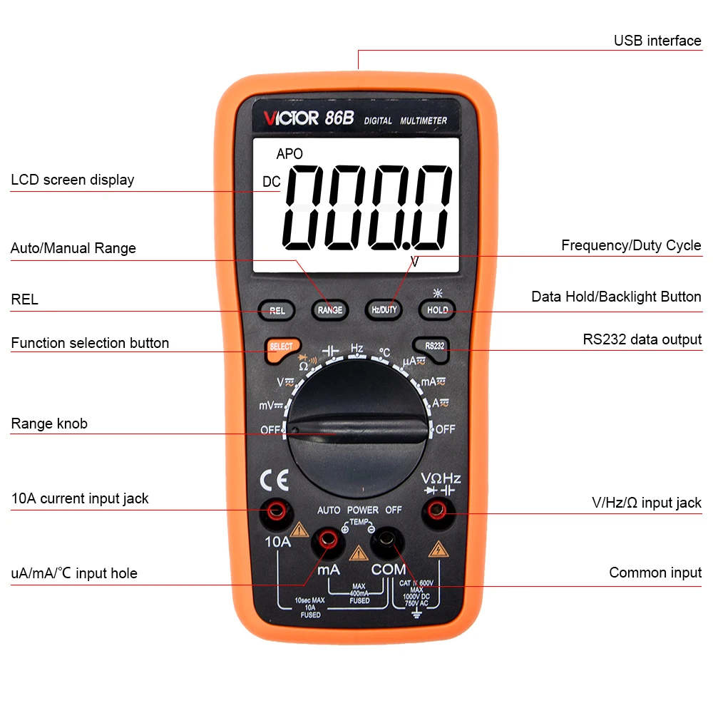 Imagem -04 - Victor 86b Multímetro Digital Alcance Automático ac dc Temperatura Freqüência Display Lcd Capacitor Tester Usb Conecte Transferência Polymeter