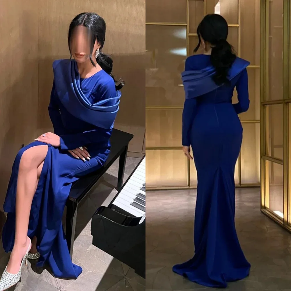 

Satin Draped Pleat Valentine's Day Mermaid O-Neck Bespoke Occasion Gown Long Dresses Saudi Arabia