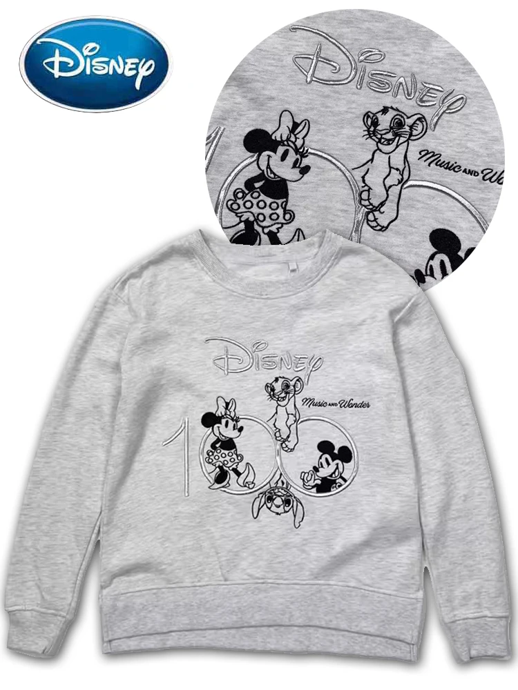 

Disney 100th Anniversary Sweatshirt Mickey Minnie Stitch Simba Embroidery Cartoon Print Women Long Sleeve Fleece Jumper Tops