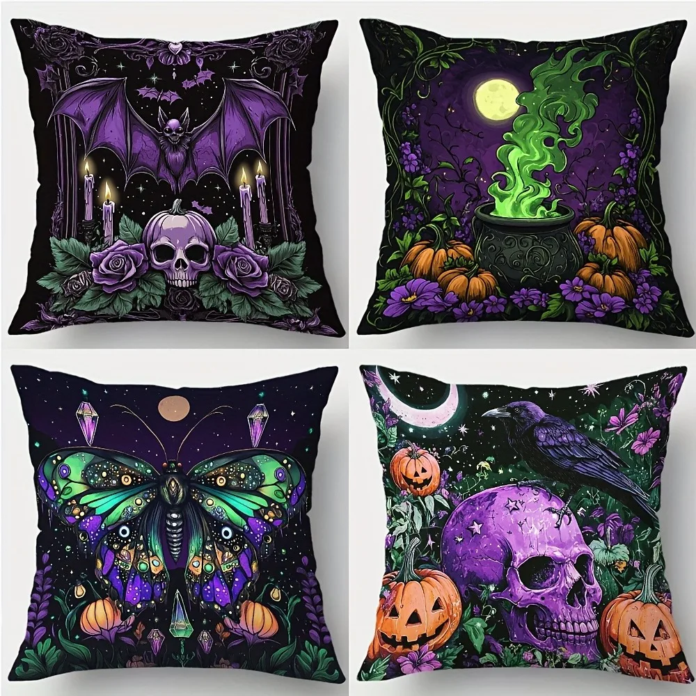 Halloween Themed Pillow Covers: Bat, Cauldron, Butterfly, Raven with Skull and Pumpkin Designs Sofa cushion cover