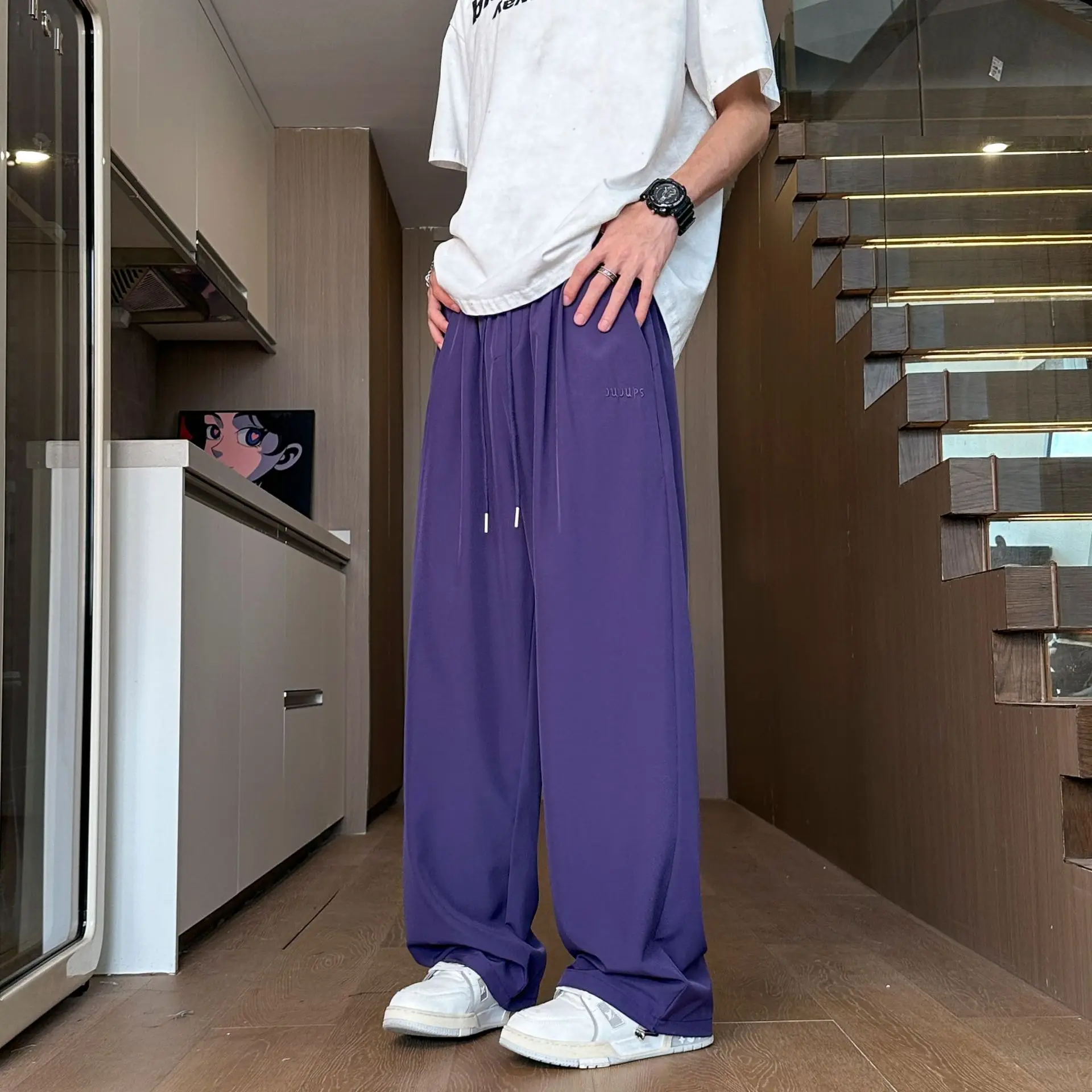 2025 Summer Spot Hot Ice Silk Quick-drying Pants Solid Color Embroidery Draped Breathable Cool Straight Men's