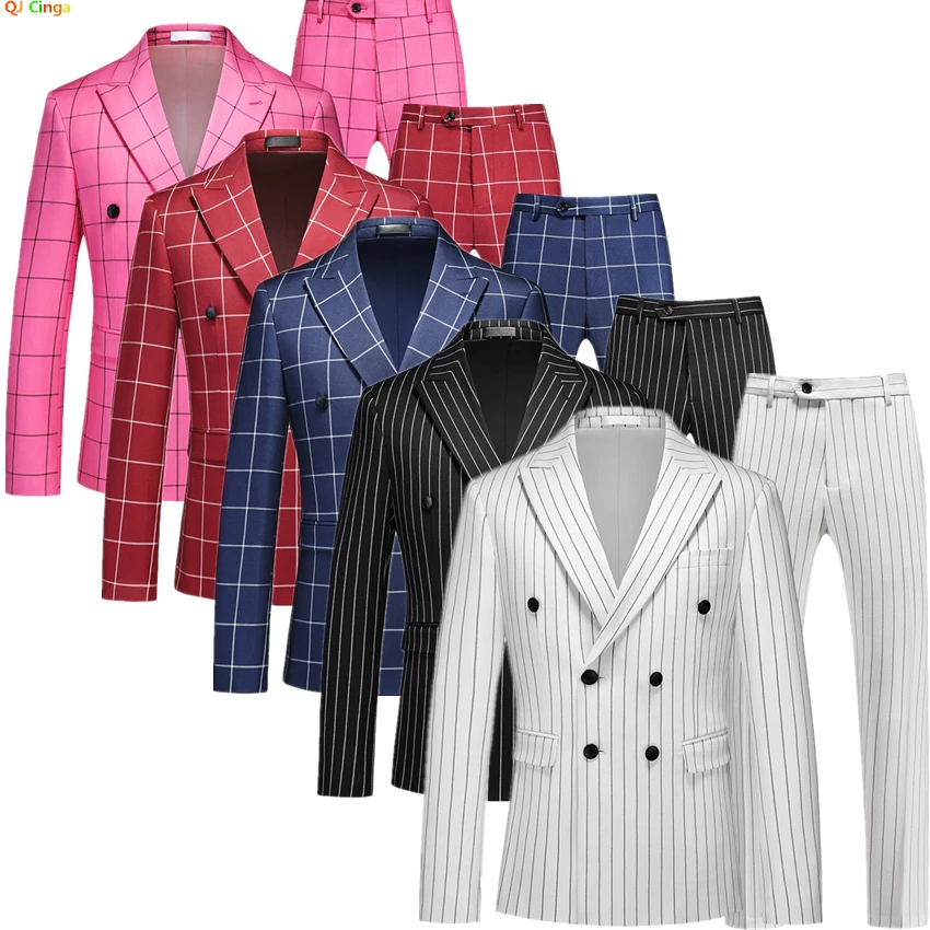 Vertical Stripe Men\'s Suit Two Piece, Double Breasted Slim Fit Dress Coat With Trousers, Wedding Party Blazer Jacket With Pants