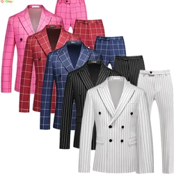 Vertical Stripe Men's Suit Two Piece, Double Breasted Slim Fit Dress Coat With Trousers, Wedding Party Blazer Jacket With Pants