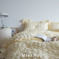 Korean Princess Yellow Bedding Set For Women Double Ruffle Lace Duvet Cover Full Queen Solid Color Comfortable Bed Sheet Set