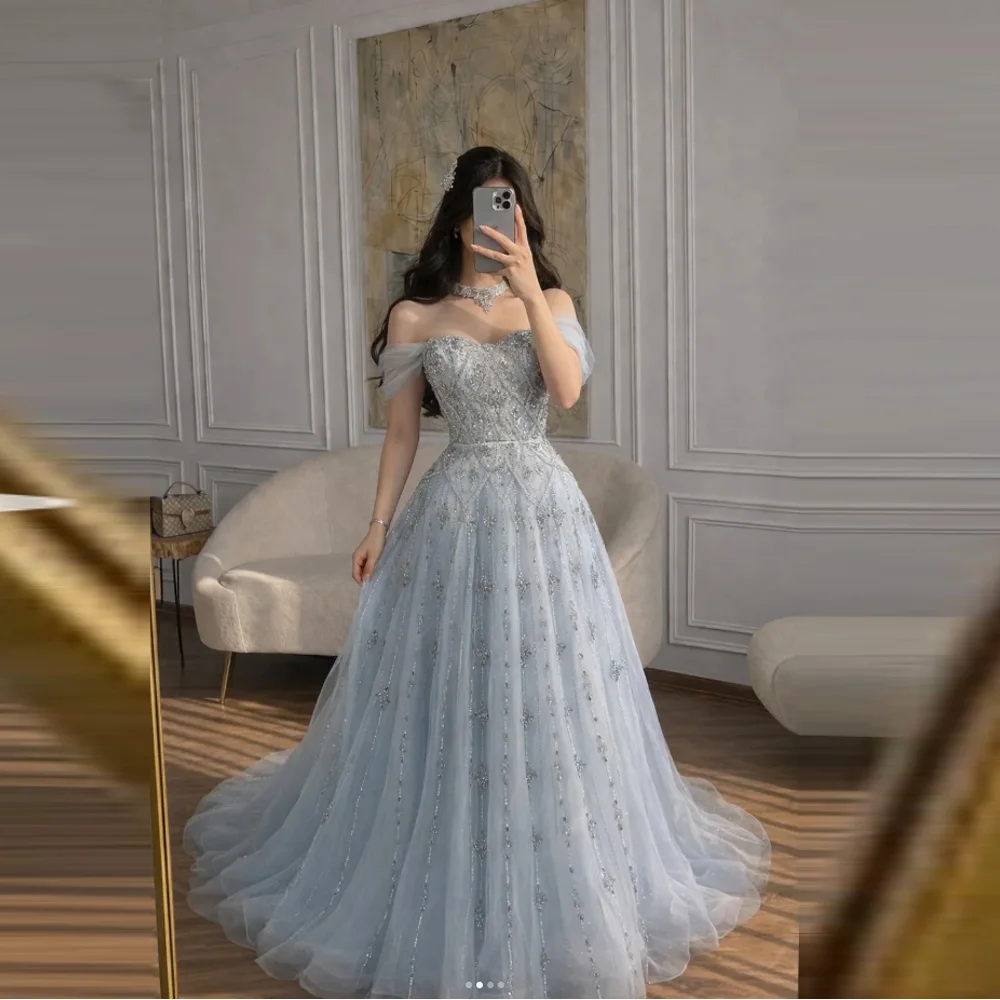 Customized Evening Dress 2026 Luxury Gray Blue A-Line Dreamy Beaded Off the Shoulder Gowns For Women Party Dress