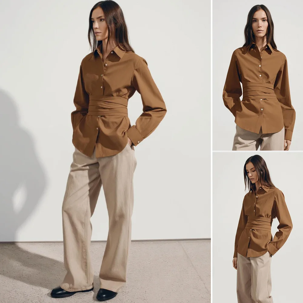 

Mia Muse Boutique Women's Autumn Winter Shirts 2025 Simple Nipped Waists Plain Long Sleeve Shirt Collar Daily Casual Shirts