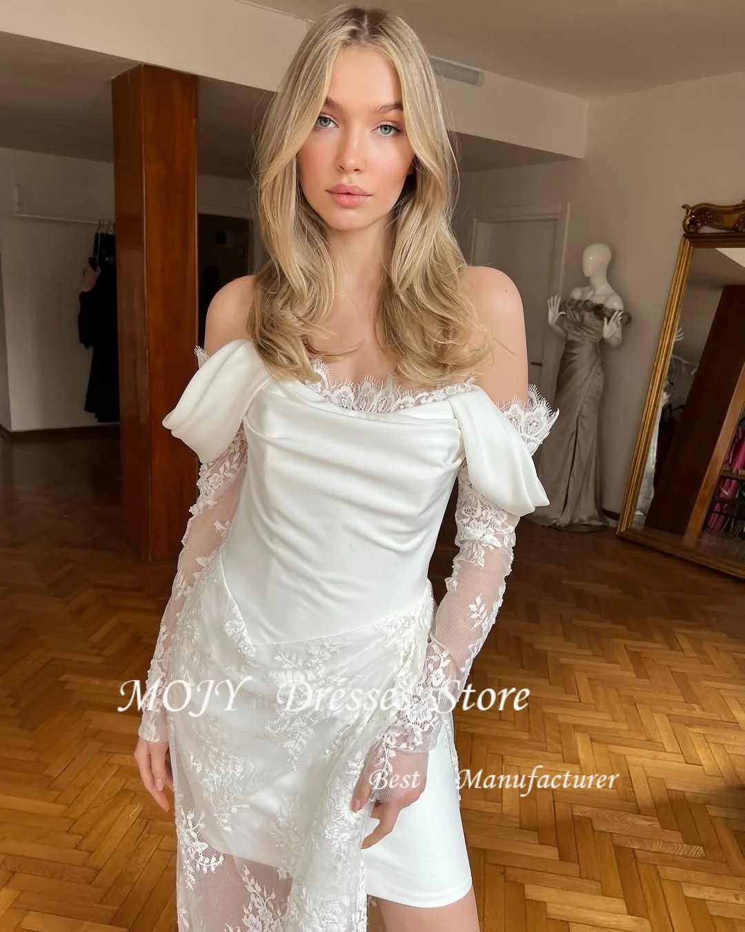 Mojy elegante Vintage vestidos de novia de manga larga 2025 plisado lado dividido vestidos de novia de encaje mujeres corsé espalda vestido de novia