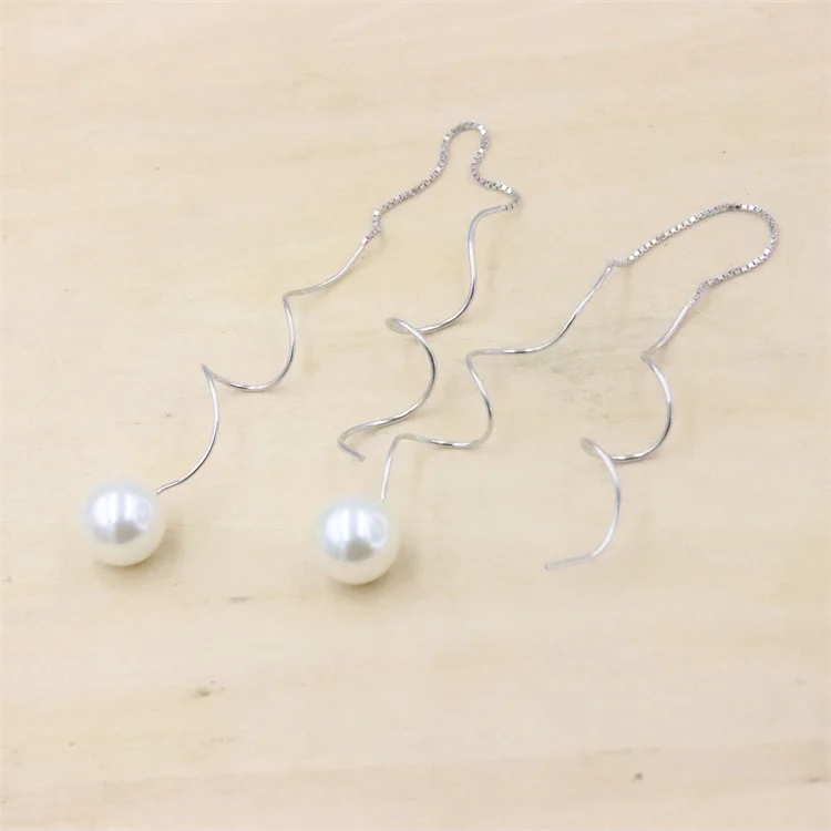 ZFSILVER Genuine 925 Sterling Silver Fashion Made By Hand Curved Needle Shell Ball Ear Line Eardrop For Women Earrings Jewelry