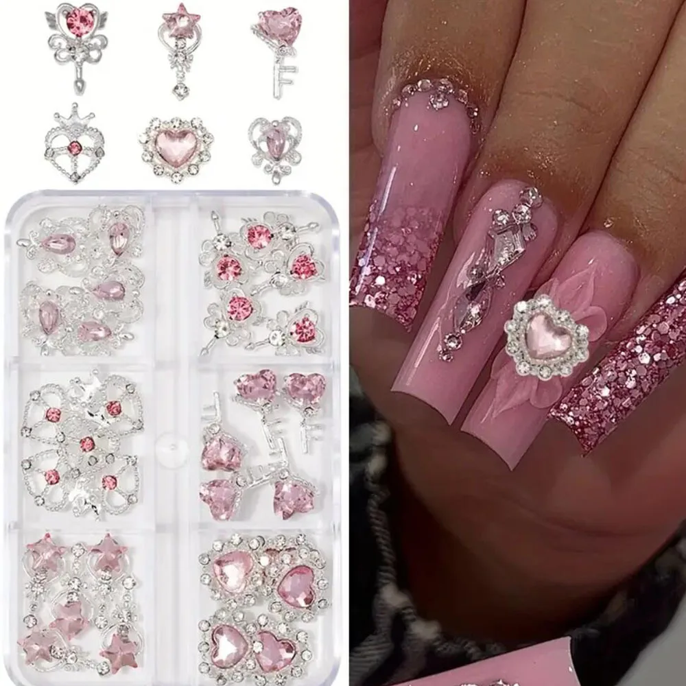 6-Grids 30pcs Pink Nail Rhinestones Silvery Base Love Heart Nail Charms 3D Crystal Glass Gems Nail Art Decorations Accessories