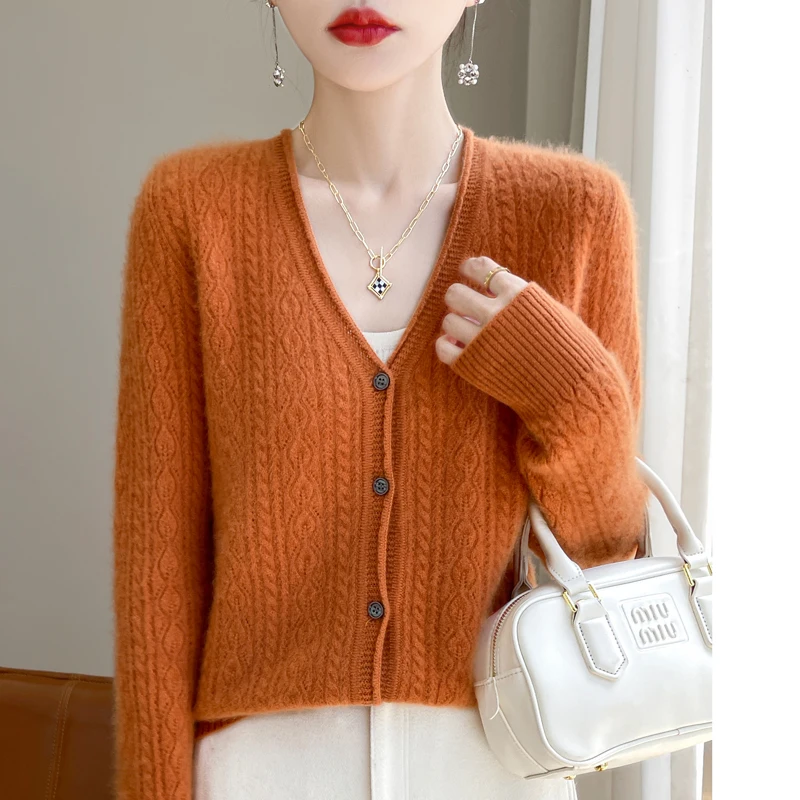 

New 100% merino wool autumn and winter women's hollow V-neck pullover fashion warm knit cardigan top.