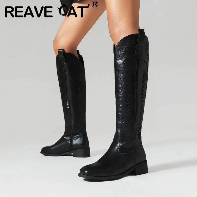 REAVE CAT Autumn Long Bota Female Boots Toe Knee boot for woman Black Brown Block Heels 3.5cm Embroider Daily Shoes Big Size 43