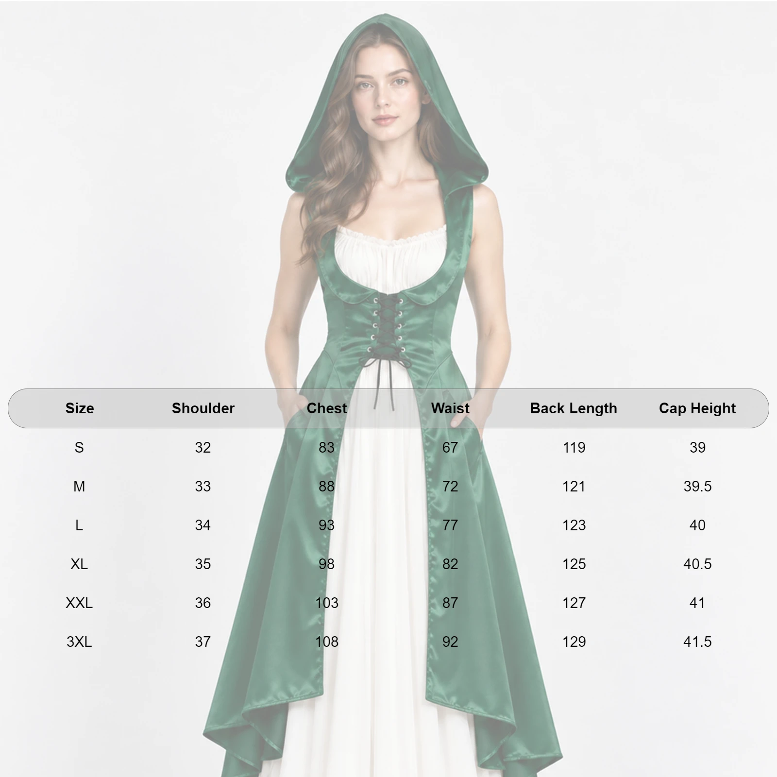 Women Medieval Renaissance Victorian Costume Lace-up Split High-low Hem Satin Hooded Underbust Dress for Halloween Cosplay Party view 6