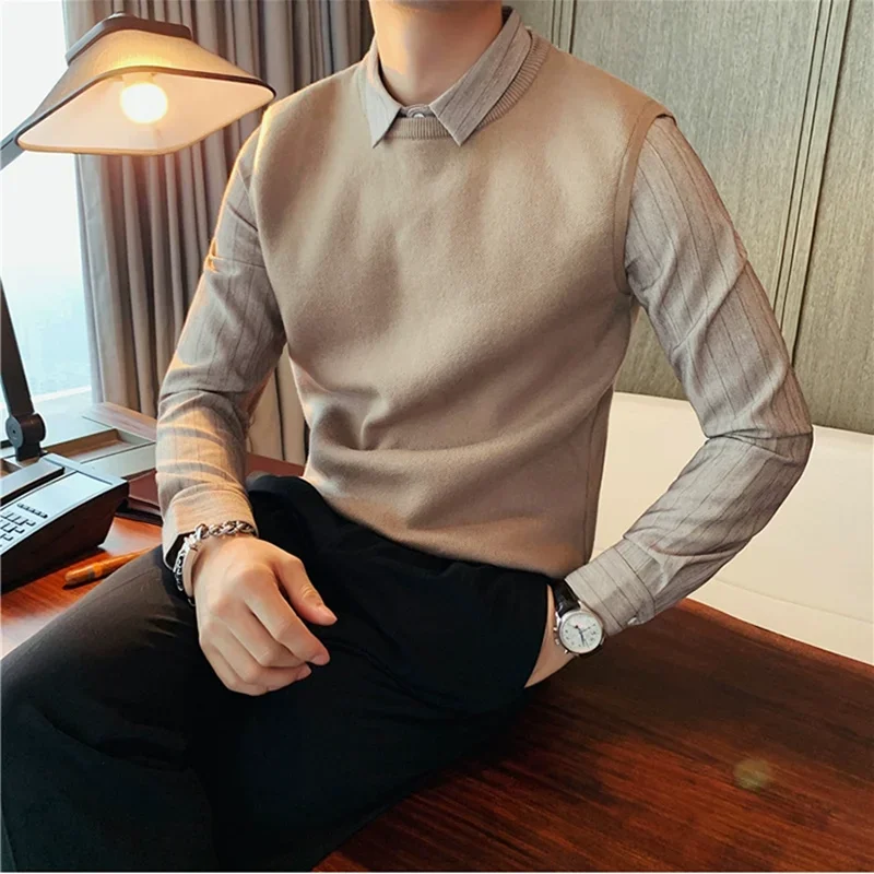 Autumn Winter Fake 2 Pieces Shirt Collar Sweater Fashion Shirt Sleeve Spliced Casual Pullovers Men Slim Fit Business Sweater 5XL