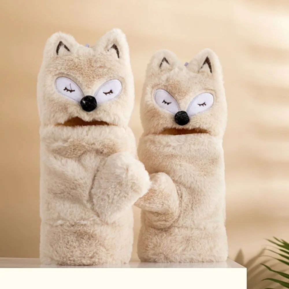 Personality Faux Rabbit Hair Animal Plush Mittens Soft Windproof Flip Gloves Ear Warmer Half Finger Gloves Women
