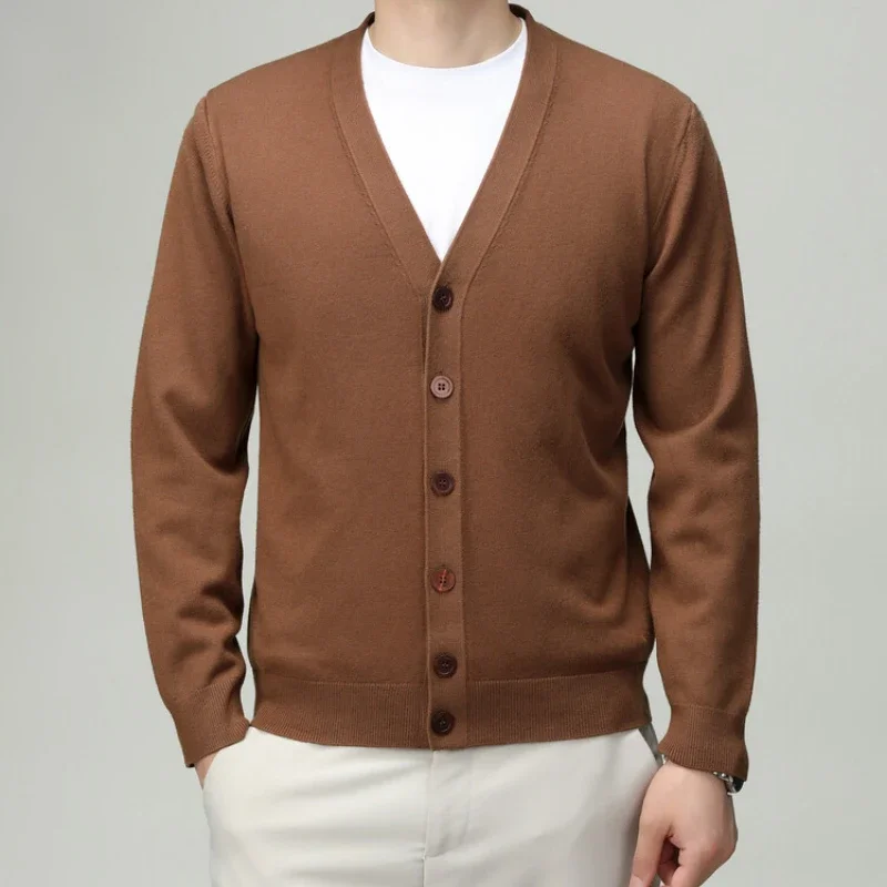 Men's V-Neck Solid Color Cardigan – Business Casual, Stretchable Knit Sweater for Spring & Autumn, High-Quality Menswear