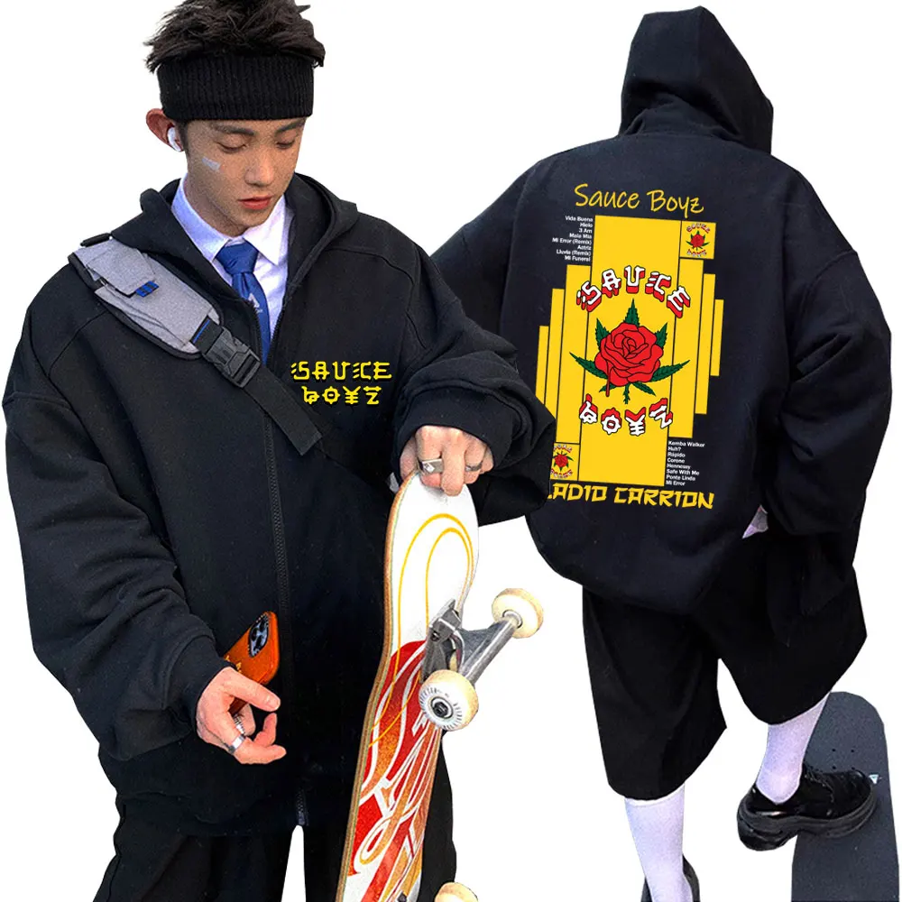 

Rapper Eladio Carrion Sauce Boyz Album Print Zipper Hoodie Men Women Hip Hop Fashion Oversized Zip Up Jacket Male Vintage Coat