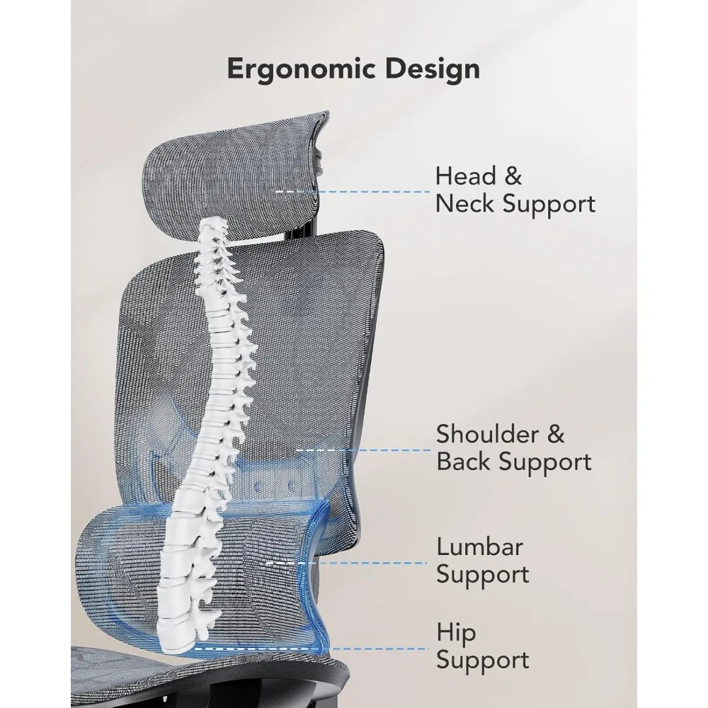 Ergonomic Mesh Chair for Office with 5-Level Lumbar Support, Adjustable Headrest and Armrests, and Rocking Tilt Function