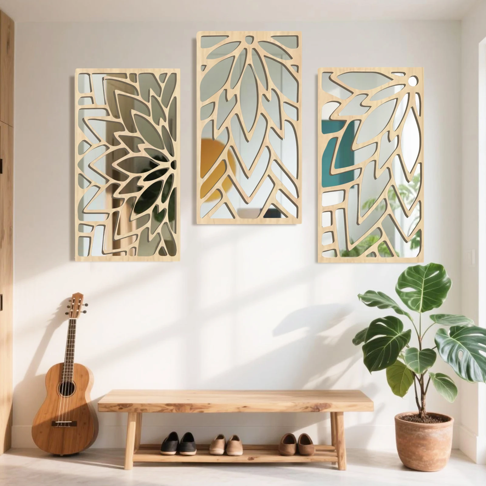 3Pcs 2D 16in Wooden Acrylic Double-Layer Wall Mirror Hollow Leaf Design Refined Lifestyle Artistic Home Decorative Mirror