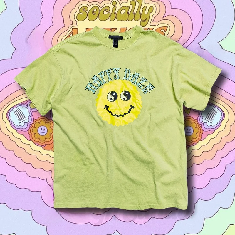 Oversize Tai Chi Smile Print T-Shirt Women's Summer Short Sleeve Loose Fit Cotton round Neck Street Style 112 Pieces Only