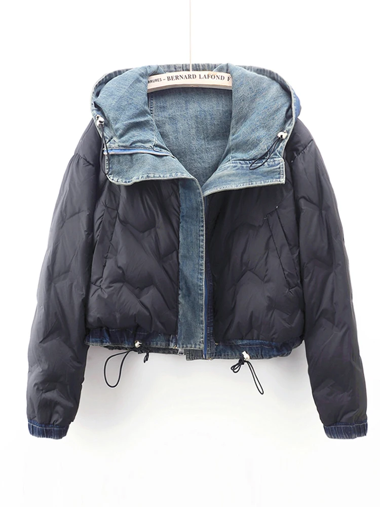 Korean Version Denim Jacket With Double-sided Patchwork Hooded Short Cotton Coat For Women Winter New Fashion Design Trendy