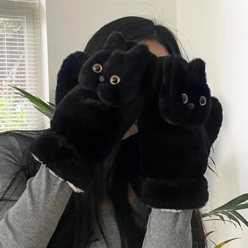 Plush Cat Gloves Winter Warm Cute Fingerless Gloves for Women Furry Faux Fur Black Cat Mittens for Outdoor Activities